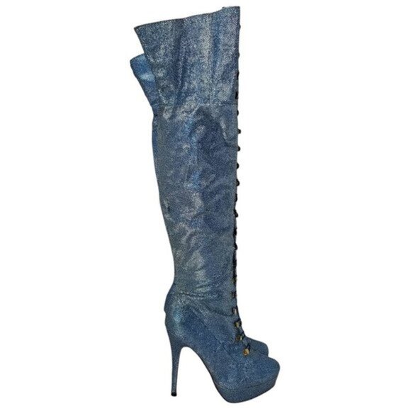 Ami Clubwear Metallic Blue Glitter Knee-High Platform Heel Boots Sparkle Size 9 - Picture 1 of 12